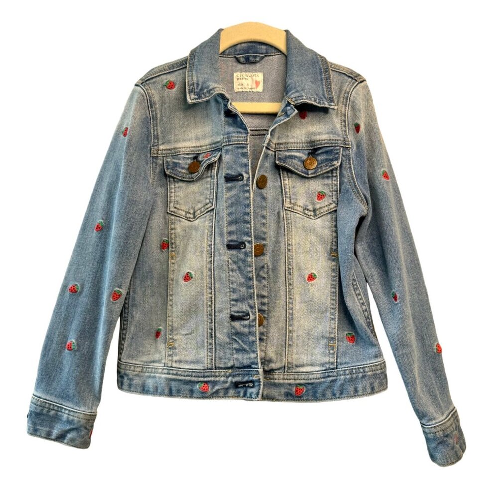 MADEWELL CREWCUTS Strawberry Jean Jacket Girls 8 Denim Embroidered Strawberries